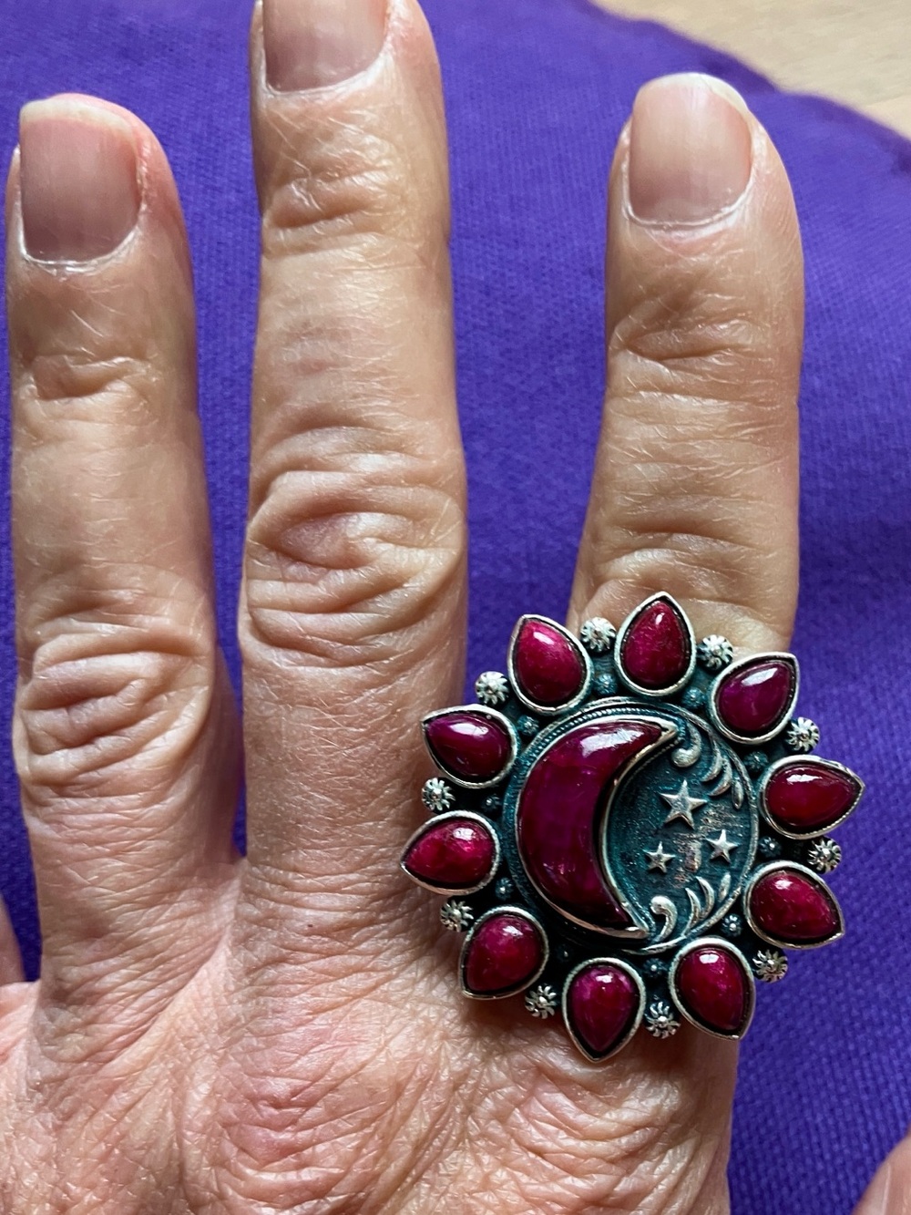 Celestial Crescent Statement Ring in Deep Red